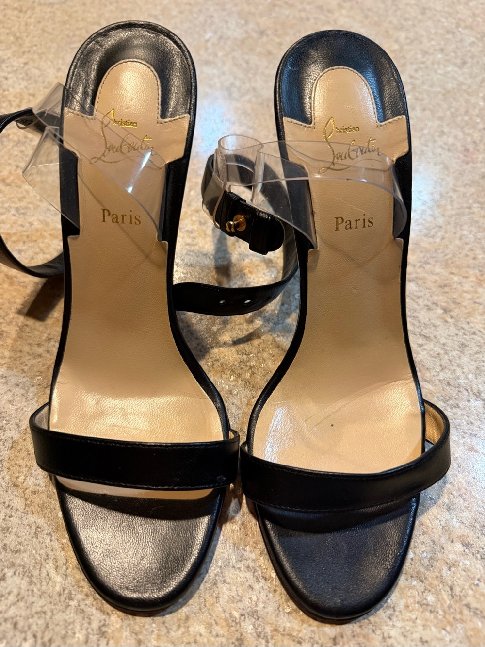 Christian Louboutin Black Leather Sandals with Clear Ankle Strap